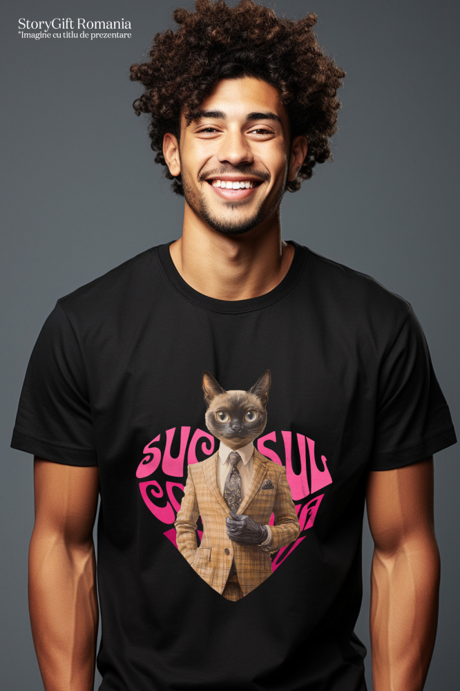 Tricou Barbati cu Animal La Costum, Text in Forma de Inima , Peronalizata cu Numele si Poza Animalului Tau cu imprimeu pe Fata, 100% Bumbac, Negru, XS [2]