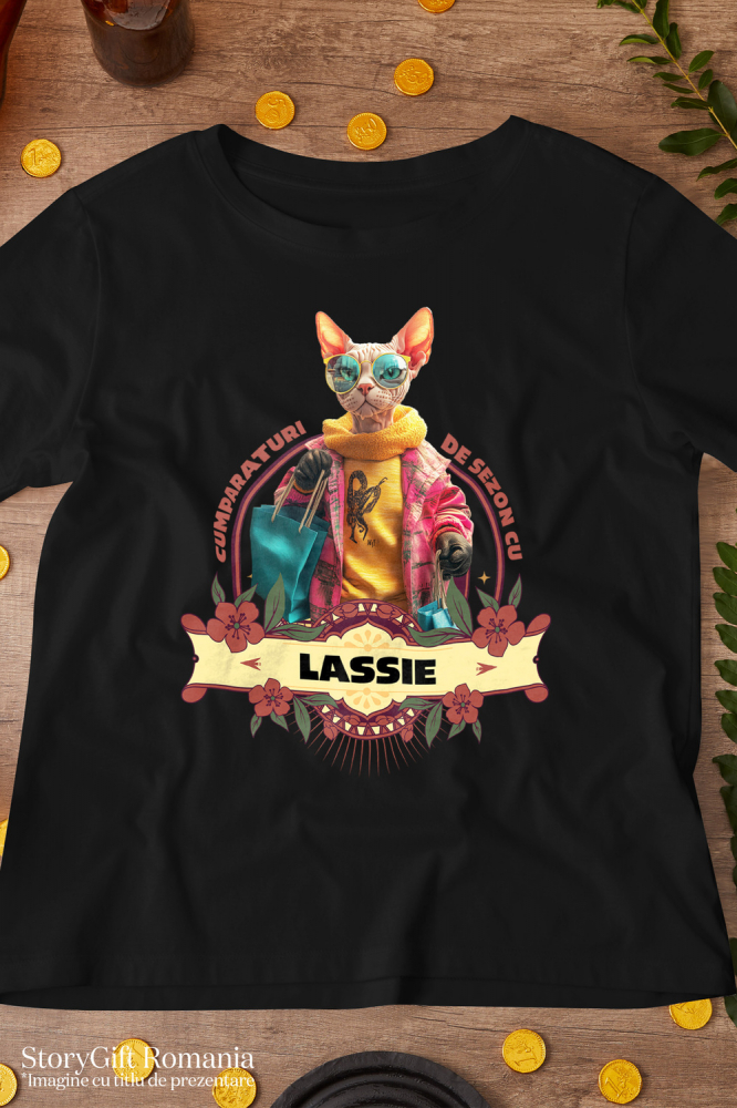 Tricou Barbati cu Animal La Cumparaturi, Moda, Fashion, Peronalizata cu Numele si Poza Animalului Tau cu imprimeu pe Fata, 100% Bumbac, Negru, M [3]