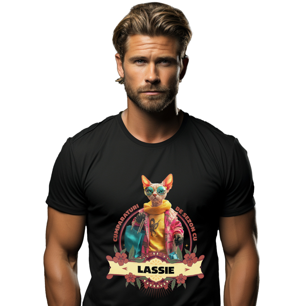 Tricou Barbati cu Animal La Cumparaturi, Moda, Fashion, Peronalizata cu Numele si Poza Animalului Tau cu imprimeu pe Fata, 100% Bumbac, Negru, M [1]