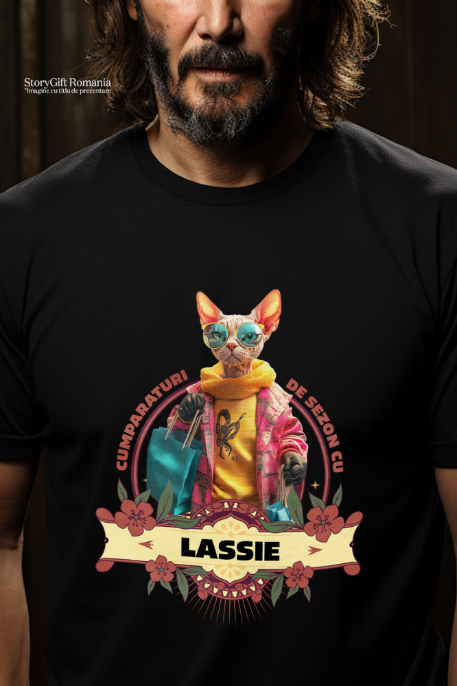 Tricou Barbati cu Animal La Cumparaturi, Moda, Fashion, Peronalizata cu Numele si Poza Animalului Tau cu imprimeu pe Fata, 100% Bumbac, Negru, M [2]