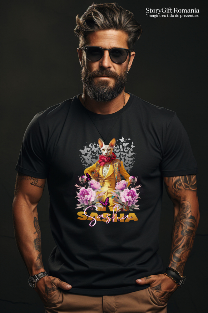 Tricou Barbati cu Animal La Moda in Costum Galben, Inconjurat de Flori, Peronalizata cu Numele si Poza Animalului Tau cu imprimeu pe Fata, 100% Bumbac, Negru, XL [2]