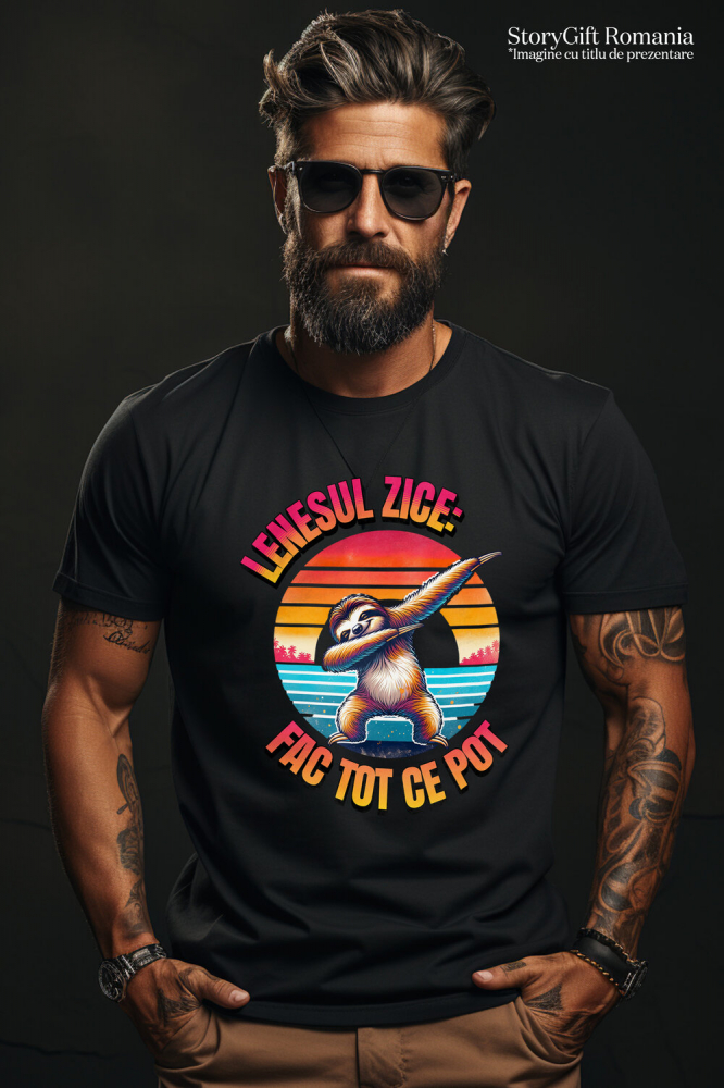 Tricou Femei, Barbati, Copii, Fata, Baiat, Unisex Personalizat "Produse personalizate pentru vacanță – Animal leneș pe plajă la apus cu text 'Leneșul zice fac tot ce pot'" [2]