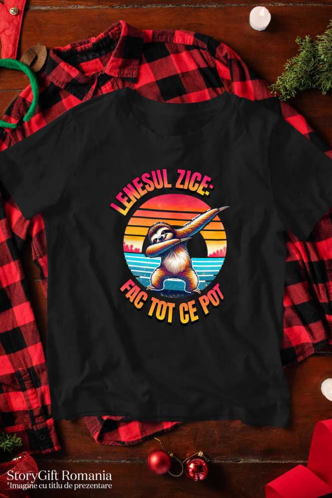 Tricou Femei, Barbati, Copii, Fata, Baiat, Unisex Personalizat "Produse personalizate pentru vacanță – Animal leneș pe plajă la apus cu text 'Leneșul zice fac tot ce pot'" [3]