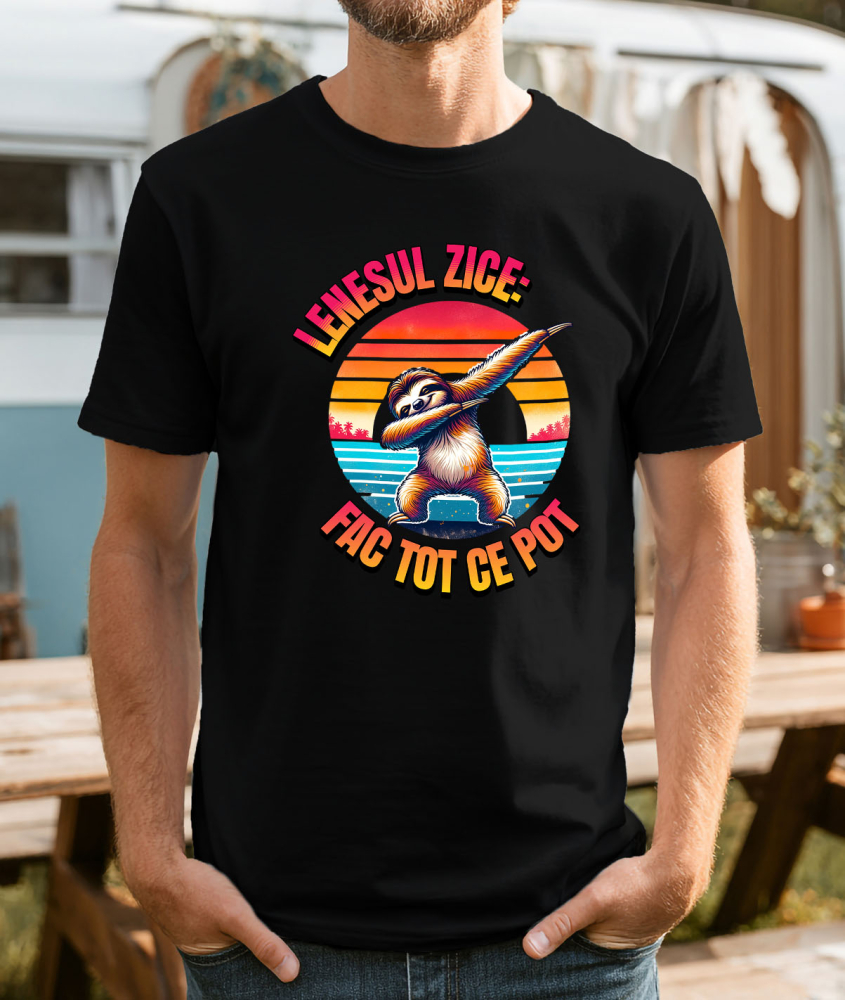 Tricou Femei, Barbati, Copii, Fata, Baiat, Unisex Personalizat "Produse personalizate pentru vacanță – Animal leneș pe plajă la apus cu text 'Leneșul zice fac tot ce pot'" [2]