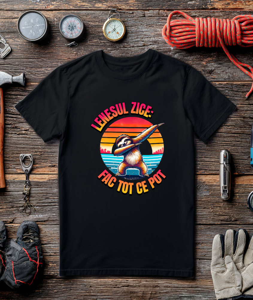 Tricou Femei, Barbati, Copii, Fata, Baiat, Unisex Personalizat "Produse personalizate pentru vacanță – Animal leneș pe plajă la apus cu text 'Leneșul zice fac tot ce pot'" [3]