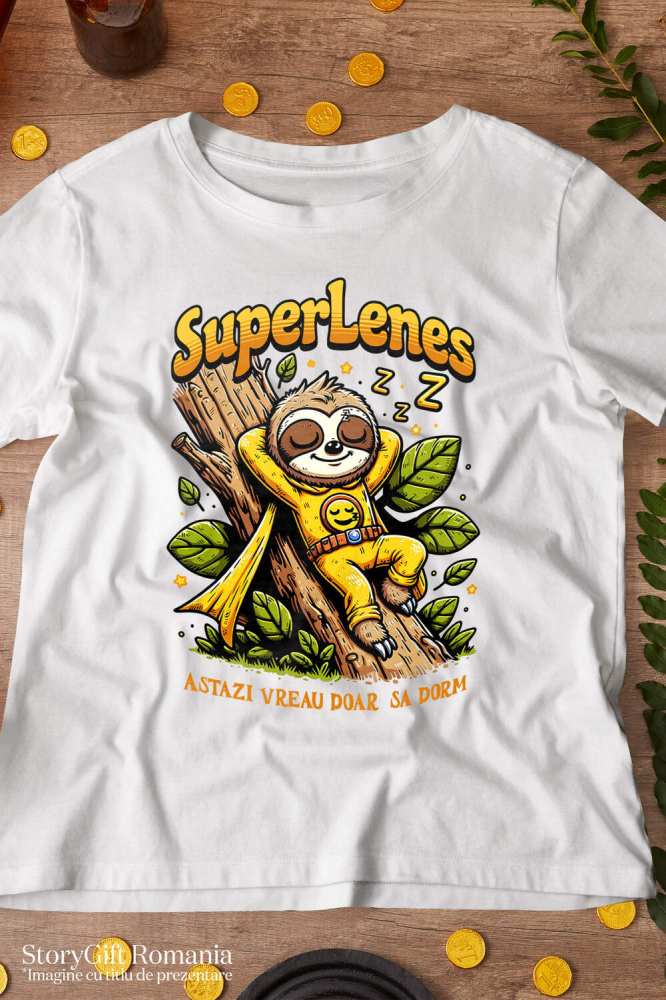 Tricou Femei, Barbati, Copii, Fata, Baiat, Unisex Personalizat Animal Lenes Dormind Pe Trunchi Copac Cu Costum Super Erou Galben – Cadou Personalizat „Astăzi Vreau Doar Să Dorm” [3]