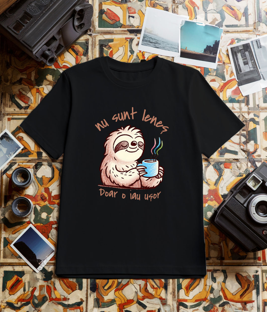Tricou Femei, Barbati, Copii, Fata, Baiat, Unisex Personalizat Animal Leneș cu Cană de Cafea „Nu Sunt Leneș, Doar O Iau Ușor” - Cadou Amuzant [3]
