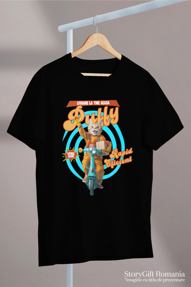 Tricou Barbati cu Animal Livrator de Colete pe Scooter, Peronalizata cu Numele si Poza Animalului Tau cu imprimeu pe Fata, 100% Bumbac, Negru, XS [3]