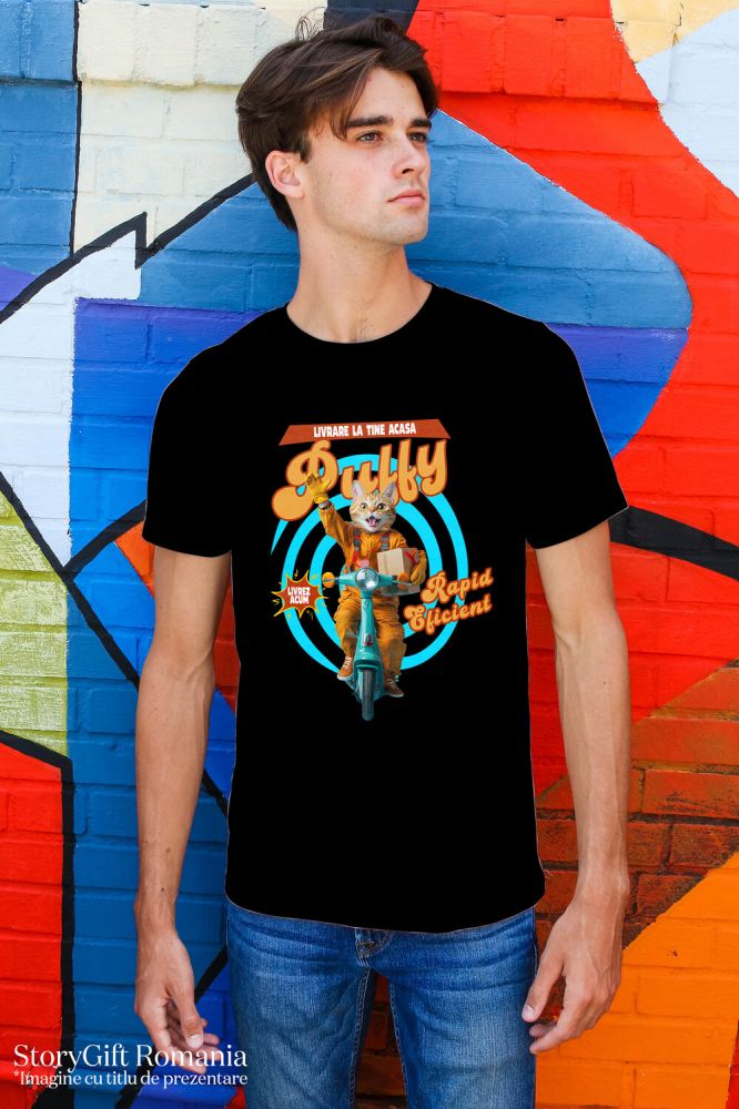 Tricou Barbati cu Animal Livrator de Colete pe Scooter, Peronalizata cu Numele si Poza Animalului Tau cu imprimeu pe Fata, 100% Bumbac, Negru, XS [2]