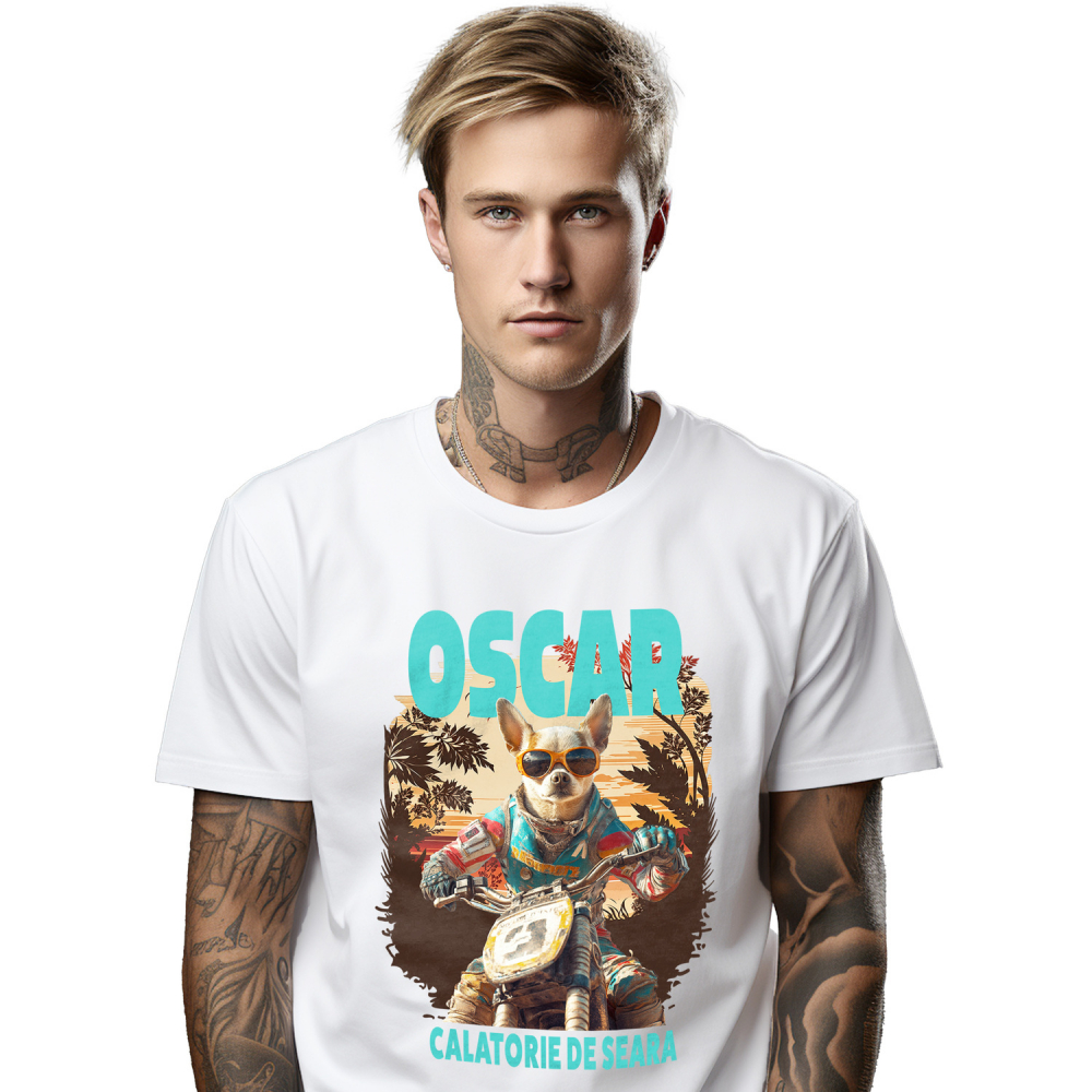 Tricou Barbati cu Animal Pe Motocicleta, Enduro, Motocross, Peronalizata cu Numele si Poza Animalului Tau cu imprimeu pe Fata, 100% Bumbac, Alb, XS [1]