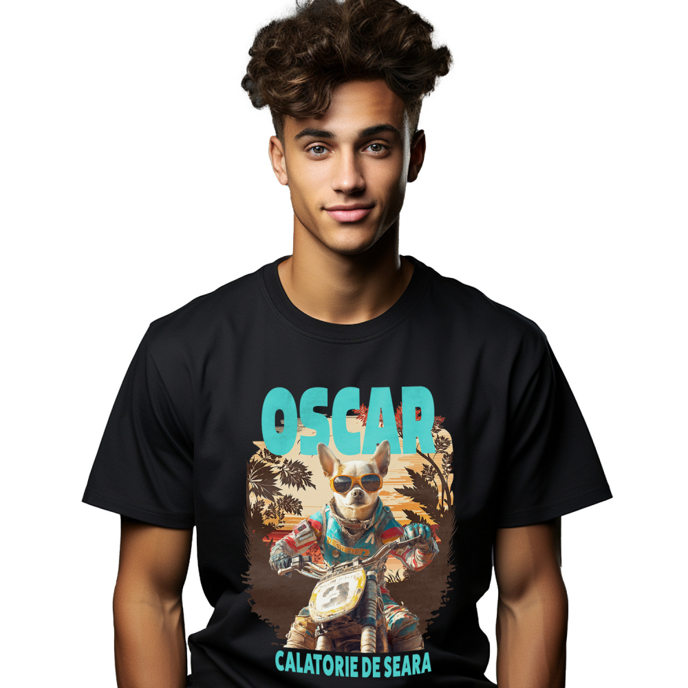 Tricou Barbati cu Animal Pe Motocicleta, Enduro, Motocross, Peronalizata cu Numele si Poza Animalului Tau cu imprimeu pe Fata, 100% Bumbac, Negru, S [1]