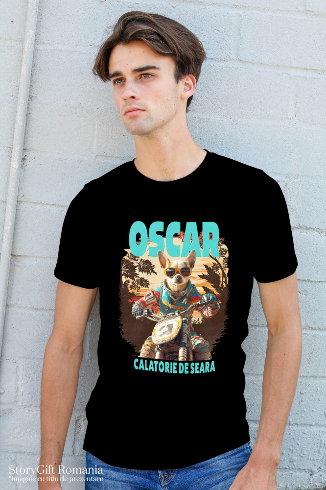 Tricou Barbati cu Animal Pe Motocicleta, Enduro, Motocross, Peronalizata cu Numele si Poza Animalului Tau cu imprimeu pe Fata, 100% Bumbac, Negru, S [2]