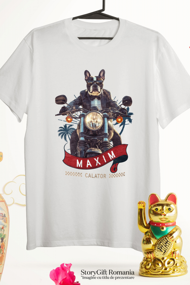 Tricou Barbati cu Animal Pe Motocicleta in Costum, Peronalizata cu Numele si Poza Animalului Tau cu imprimeu pe Fata, 100% Bumbac, Alb, XS [3]