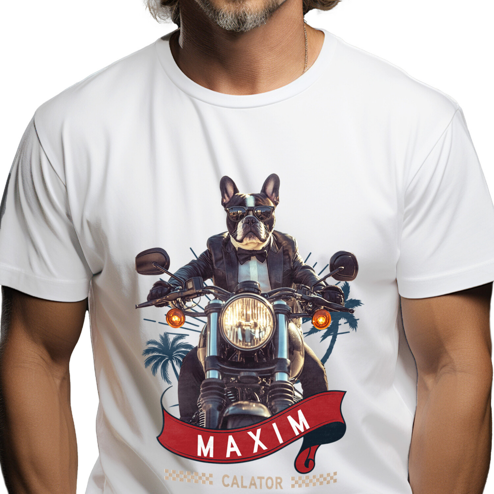 Tricou Barbati cu Animal Pe Motocicleta in Costum, Peronalizata cu Numele si Poza Animalului Tau cu imprimeu pe Fata, 100% Bumbac, Alb, XS [1]