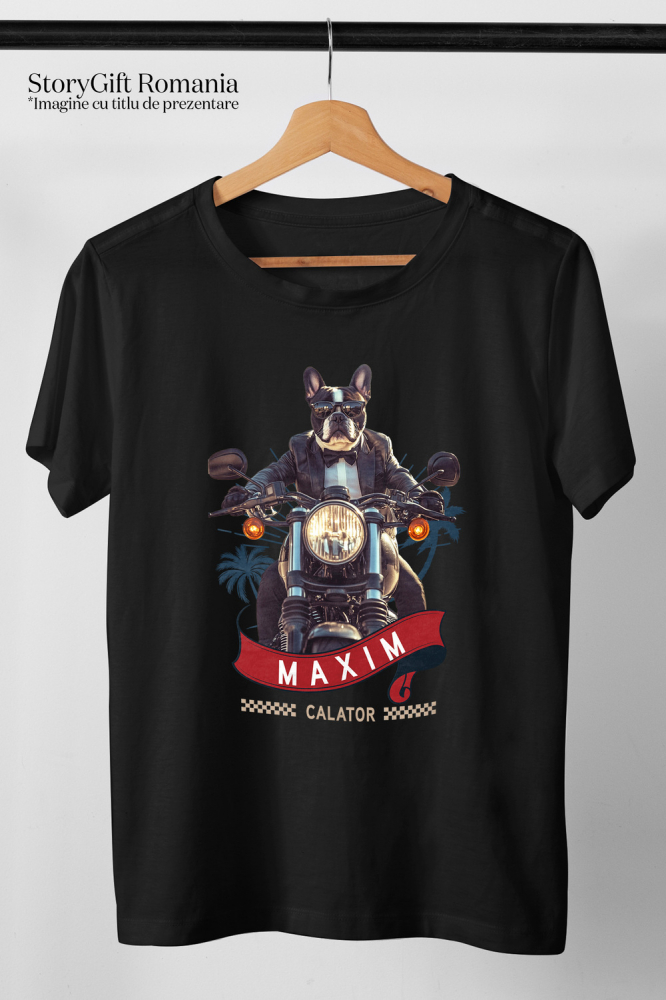 Tricou Barbati cu Animal Pe Motocicleta in Costum, Peronalizata cu Numele si Poza Animalului Tau cu imprimeu pe Fata, 100% Bumbac, Negru, XS [3]