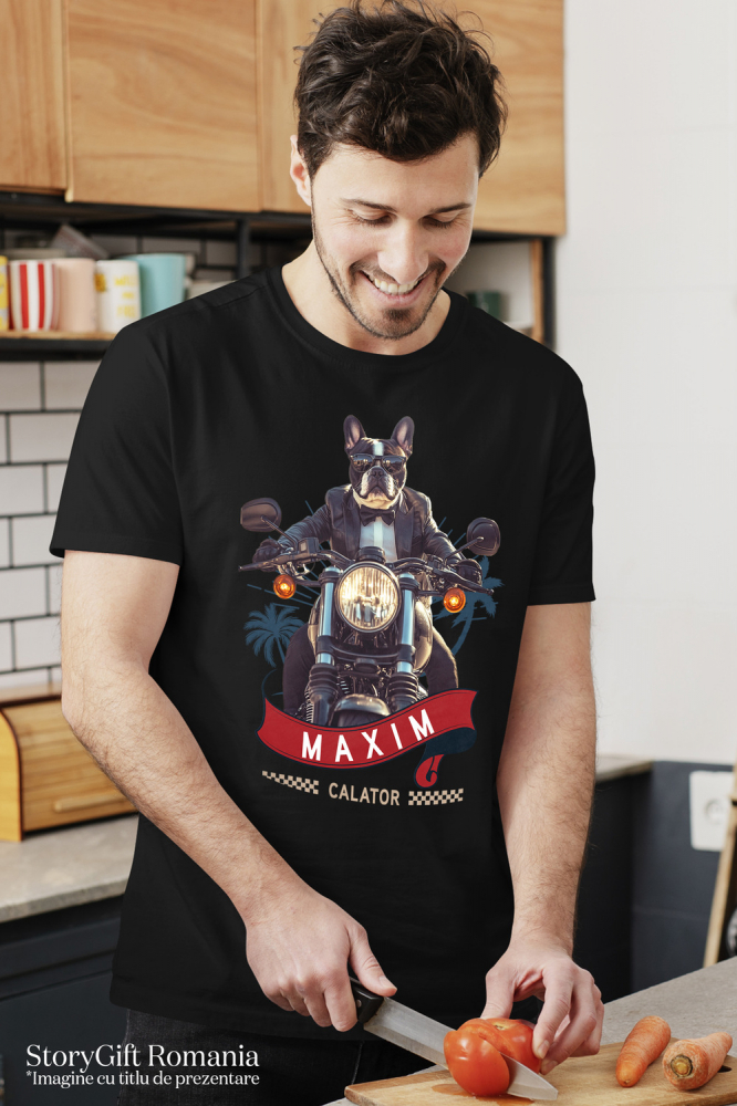 Tricou Barbati cu Animal Pe Motocicleta in Costum, Peronalizata cu Numele si Poza Animalului Tau cu imprimeu pe Fata, 100% Bumbac, Negru, XS [2]