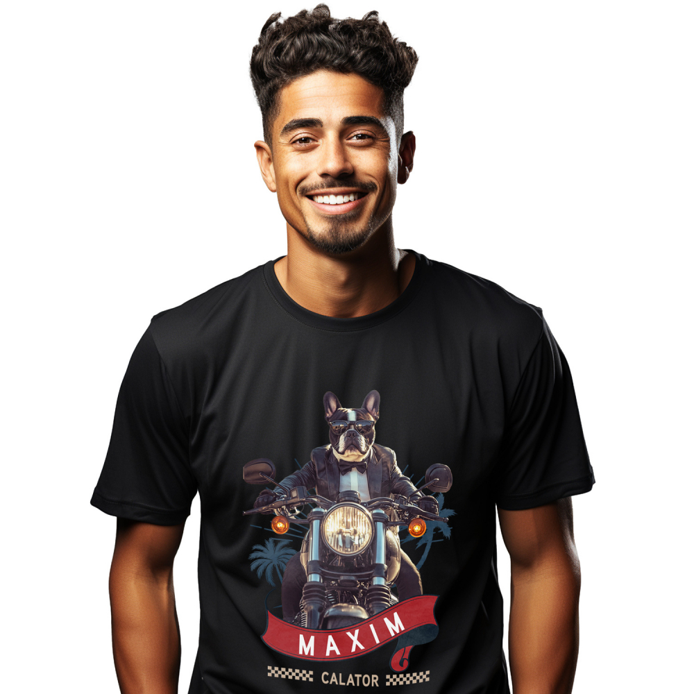 Tricou Barbati cu Animal Pe Motocicleta in Costum, Peronalizata cu Numele si Poza Animalului Tau cu imprimeu pe Fata, 100% Bumbac, Negru, XS [1]