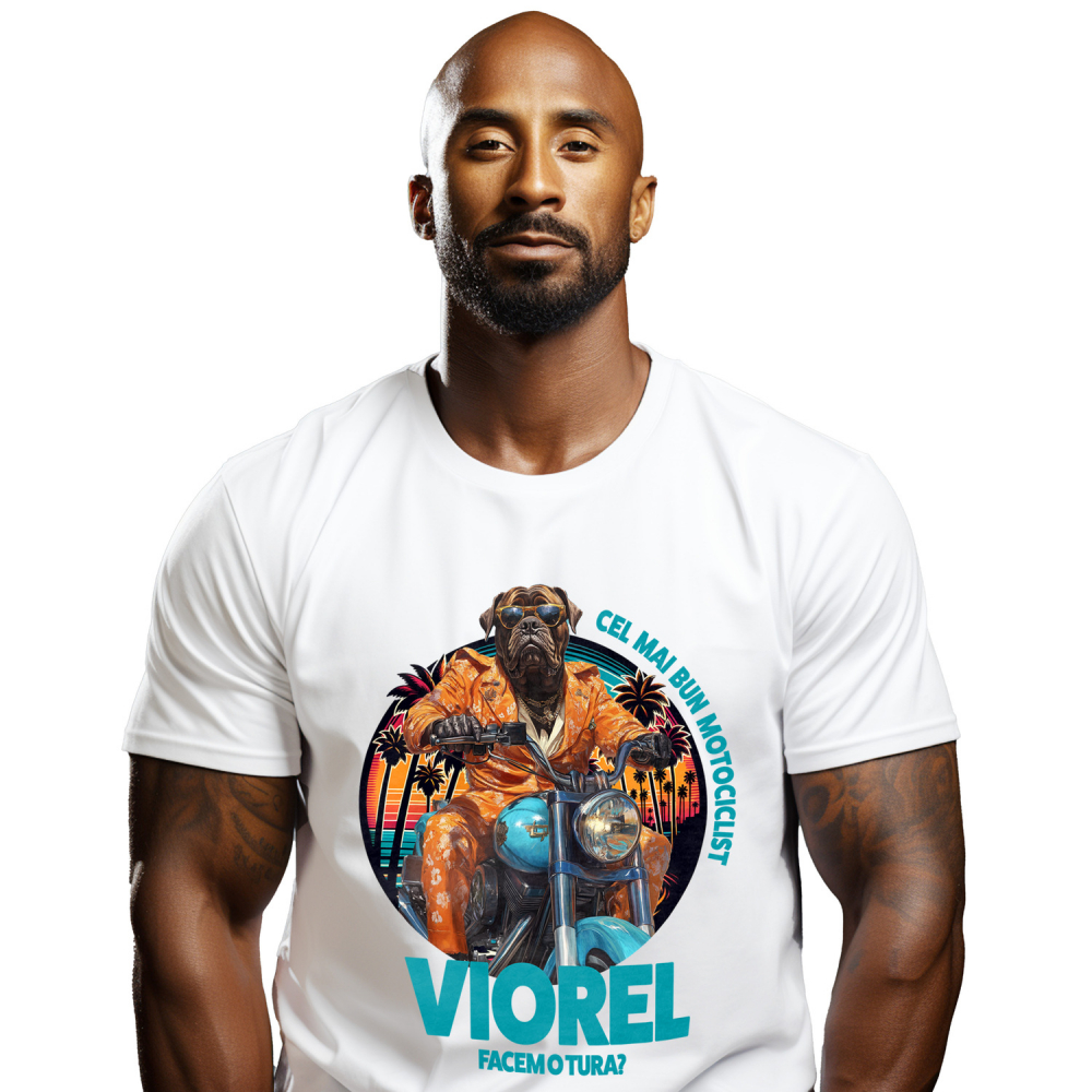 Tricou Barbati cu Animal Pe Motocicleta, La Apus cu Palmieri, Peronalizata cu Numele si Poza Animalului Tau cu imprimeu pe Fata, 100% Bumbac, Alb, M [1]