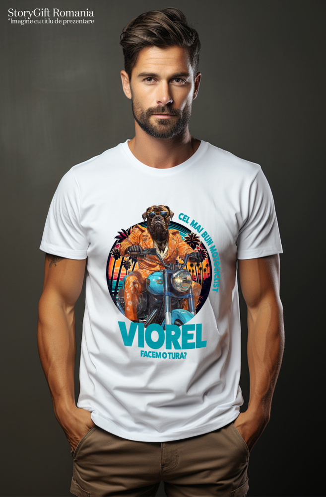 Tricou Barbati cu Animal Pe Motocicleta, La Apus cu Palmieri, Peronalizata cu Numele si Poza Animalului Tau cu imprimeu pe Fata, 100% Bumbac, Alb, M [2]