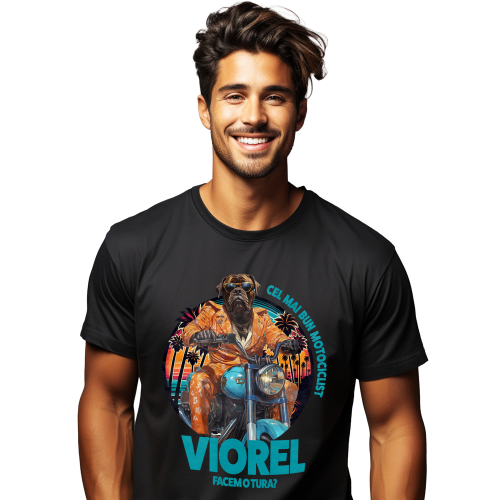 Tricou Barbati cu Animal Pe Motocicleta, La Apus cu Palmieri, Peronalizata cu Numele si Poza Animalului Tau cu imprimeu pe Fata, 100% Bumbac, Negru, M [1]