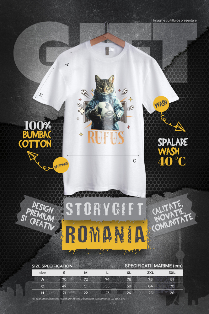 Tricou Barbati cu Animal Portar, Fotbal, Joc de Echipa, Peronalizata cu Numele si Poza Animalului Tau cu imprimeu pe Fata, 100% Bumbac, Alb, XS [4]