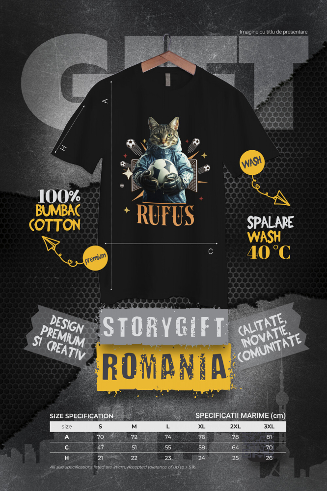 Tricou Barbati cu Animal Portar, Fotbal, Joc de Echipa, Peronalizata cu Numele si Poza Animalului Tau cu imprimeu pe Fata, 100% Bumbac, Negru, XL [4]