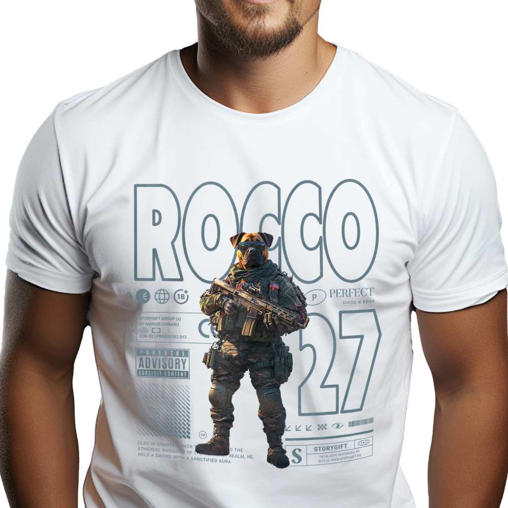 Tricou Barbati cu Animal Soldat in Armata cu Pusca in Mana, Trupele Speciale, Peronalizata cu Numele si Poza Animalului Tau cu imprimeu pe Fata, 100% Bumbac, Alb, S [1]