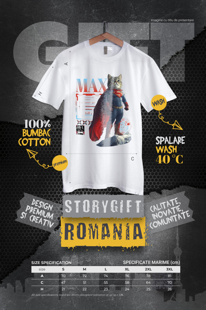 Tricou Barbati cu Animal SuperMan in Varful Muntelui, Power Pose, Peronalizata cu Numele si Poza Animalului Tau cu imprimeu pe Fata, 100% Bumbac, Alb, XS [4]