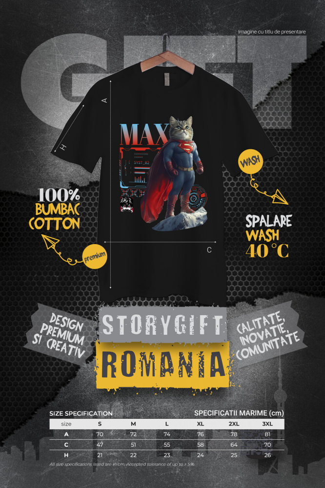 Tricou Barbati cu Animal SuperMan in Varful Muntelui, Power Pose, Peronalizata cu Numele si Poza Animalului Tau cu imprimeu pe Fata, 100% Bumbac, Negru, M [4]
