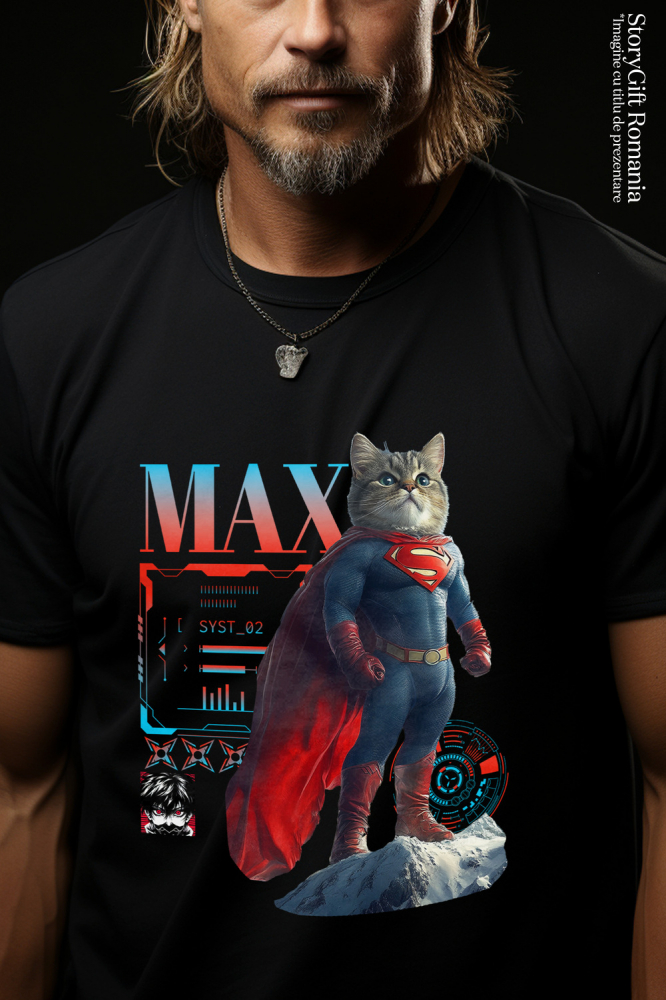 Tricou Barbati cu Animal SuperMan in Varful Muntelui, Power Pose, Peronalizata cu Numele si Poza Animalului Tau cu imprimeu pe Fata, 100% Bumbac, Negru, M [2]