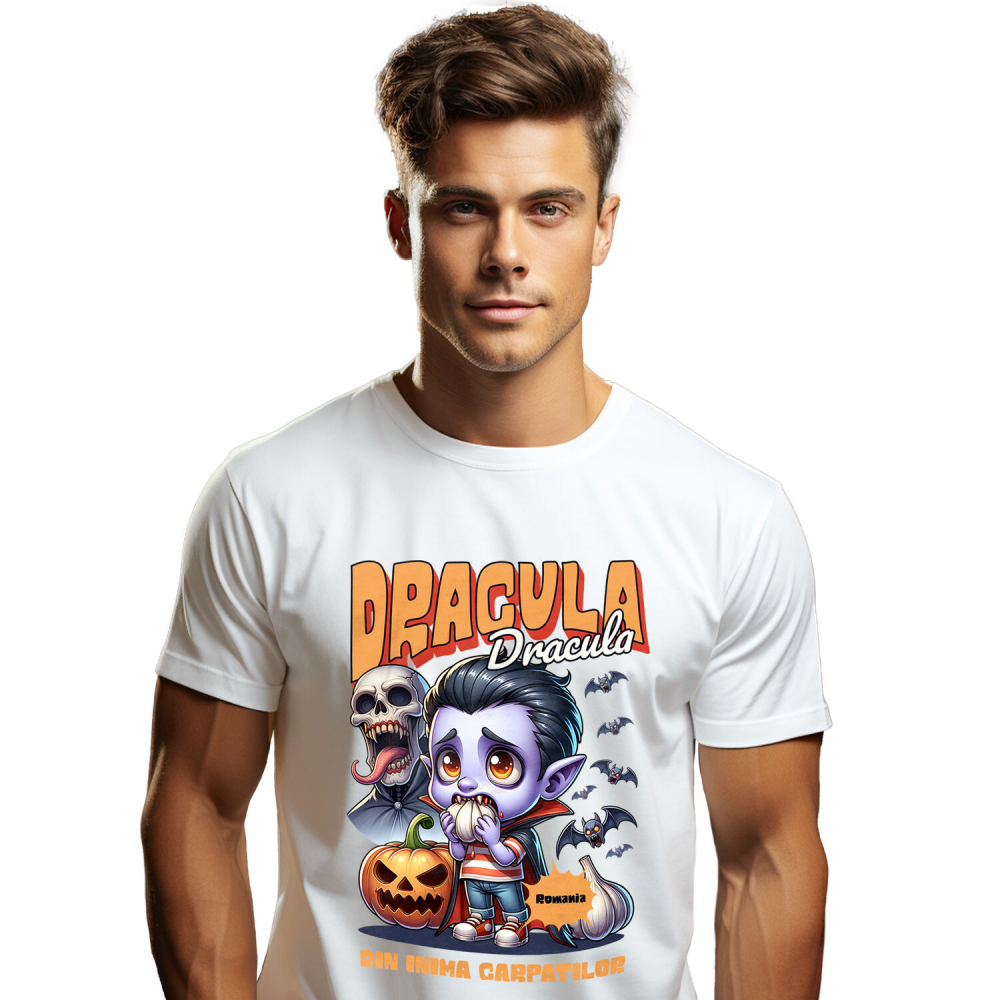 Tricou Femei, Barbati, Copii, Fata, Baiat, Unisex Personalizat Animație Vampir cu Usturoi Text Dracula - Cadouri Personalizate Halloween pentru Familie, Copii, Tati și Prieteni [1]