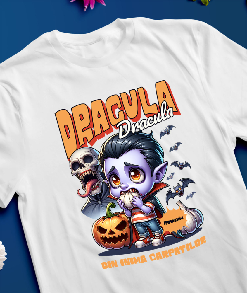 Tricou Femei, Barbati, Copii, Fata, Baiat, Unisex Personalizat Animație Vampir cu Usturoi Text Dracula - Cadouri Personalizate Halloween pentru Familie, Copii, Tati și Prieteni [3]