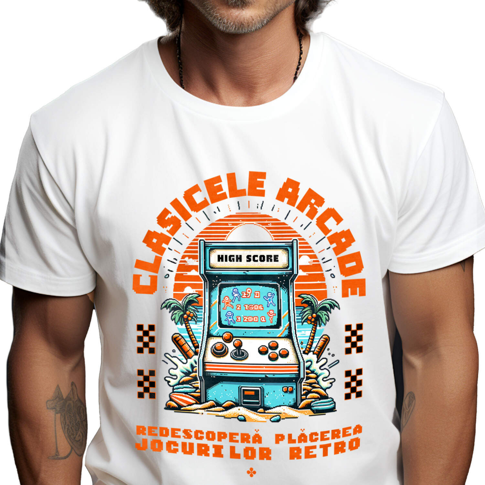 Tricou Femei, Barbati, Copii, Fata, Baiat, Unisex Personalizat Arcada Vintage Jocuri Video Retro cu Tema Plajă Tropicală - Cadou Personalizat pentru Familie și Gameri [1]