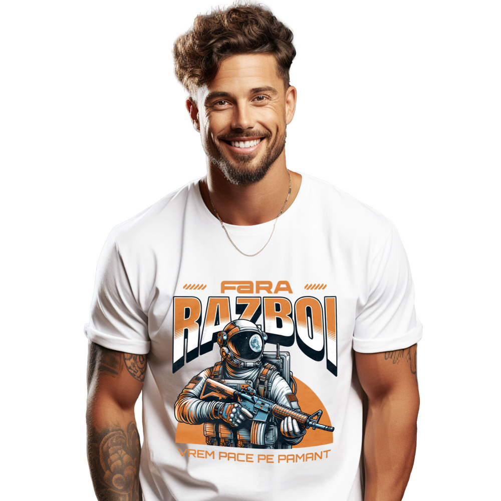 Tricou Femei, Barbati, Copii, Fata, Baiat, Unisex Personalizat Astronaut cu Armură și Mesaj de Pace "Fără Război, Vrem Pace Pe Pământ" - Cadouri Personalizate pentru Familie și Prieteni [1]