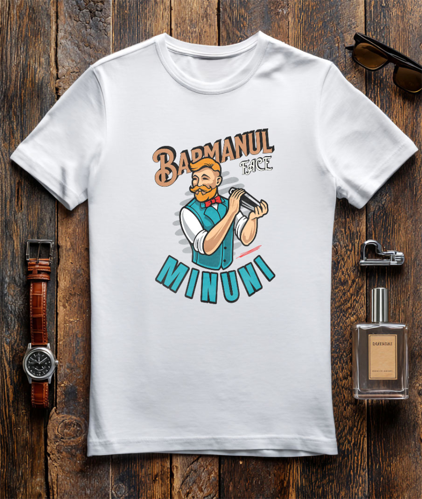 Tricou Femei, Barbati, Copii, Fata, Baiat, Unisex Personalizat Bărbat Animație cu Mustață, Papion Roșu și Shaker – Horeca [3]
