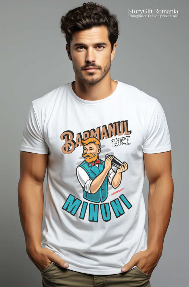 Tricou Femei, Barbati, Copii, Fata, Baiat, Unisex Personalizat Bărbat Animație cu Mustață, Papion Roșu și Shaker – Horeca [2]