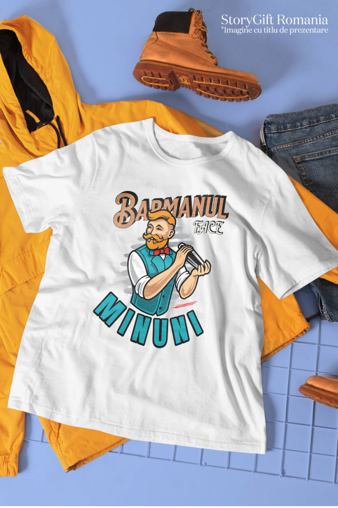 Tricou Femei, Barbati, Copii, Fata, Baiat, Unisex Personalizat Bărbat Animație cu Mustață, Papion Roșu și Shaker – Horeca [3]