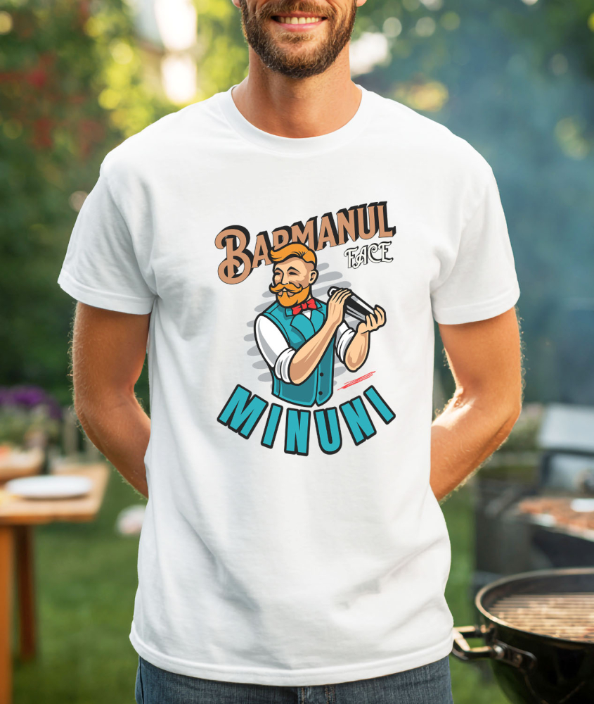 Tricou Femei, Barbati, Copii, Fata, Baiat, Unisex Personalizat Bărbat Animație cu Mustață, Papion Roșu și Shaker – Horeca [2]