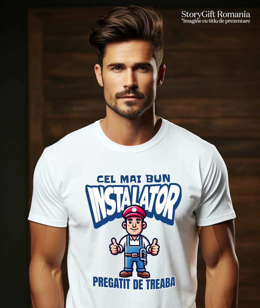 Tricou Femei, Barbati, Copii, Fata, Baiat, Unisex Personalizat Bărbat cu Salopetă Albastră și Pălărie Roșie – Design Meserie [2]