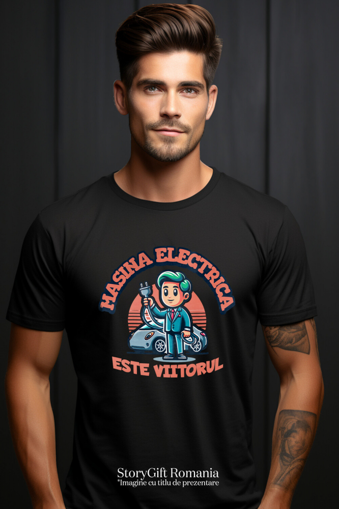 Tricou Femei, Barbati, Copii, Fata, Baiat, Unisex Personalizat Bărbat și Mașină Electrică – Viitorul Mobilității [2]