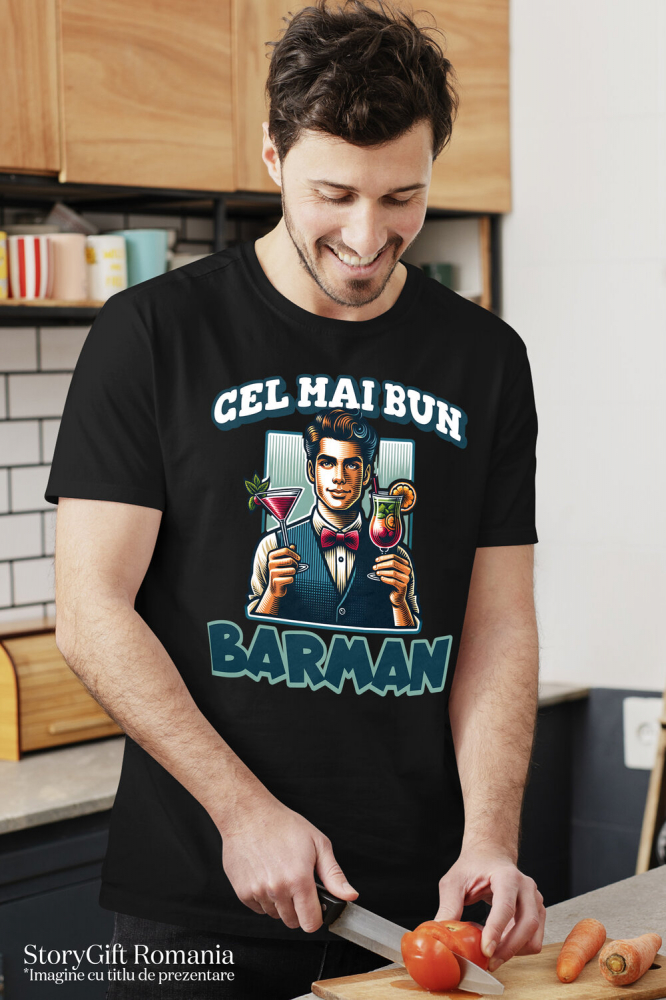 Tricou Femei, Barbati, Copii, Fata, Baiat, Unisex Personalizat Barman Elegant cu Vestă și Papion – Servire Cocktailuri [2]