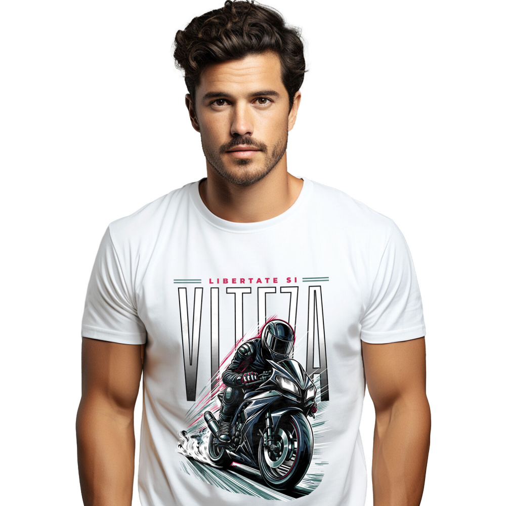 Tricou Femei, Barbati, Copii, Fata, Baiat, Unisex Personalizat Bărbat Motociclist – Echipament Complet, Viteză și Libertate [1]