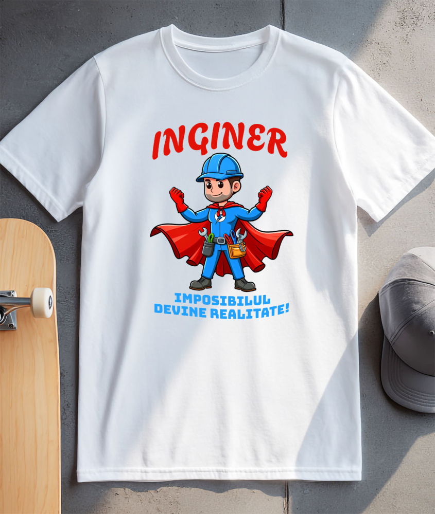 Tricou Femei, Barbati, Copii, Fata, Baiat, Unisex Personalizat Bărbat Cu Salopetă Albastră Și Pelerină Roșie – Cadou Personalizat „Inginer Imposibilul Devine Realitate” [3]