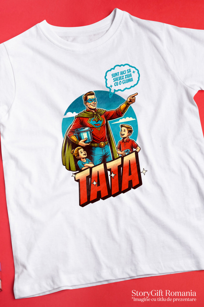Tricou Femei, Barbati, Copii, Fata, Baiat, Unisex Personalizat Bărbat În Costum De Super Erou Cu Glumă – Cadou Personalizat „Sunt Aici Ca Să Salvez Ziua Cu O Glumă Tata” [3]