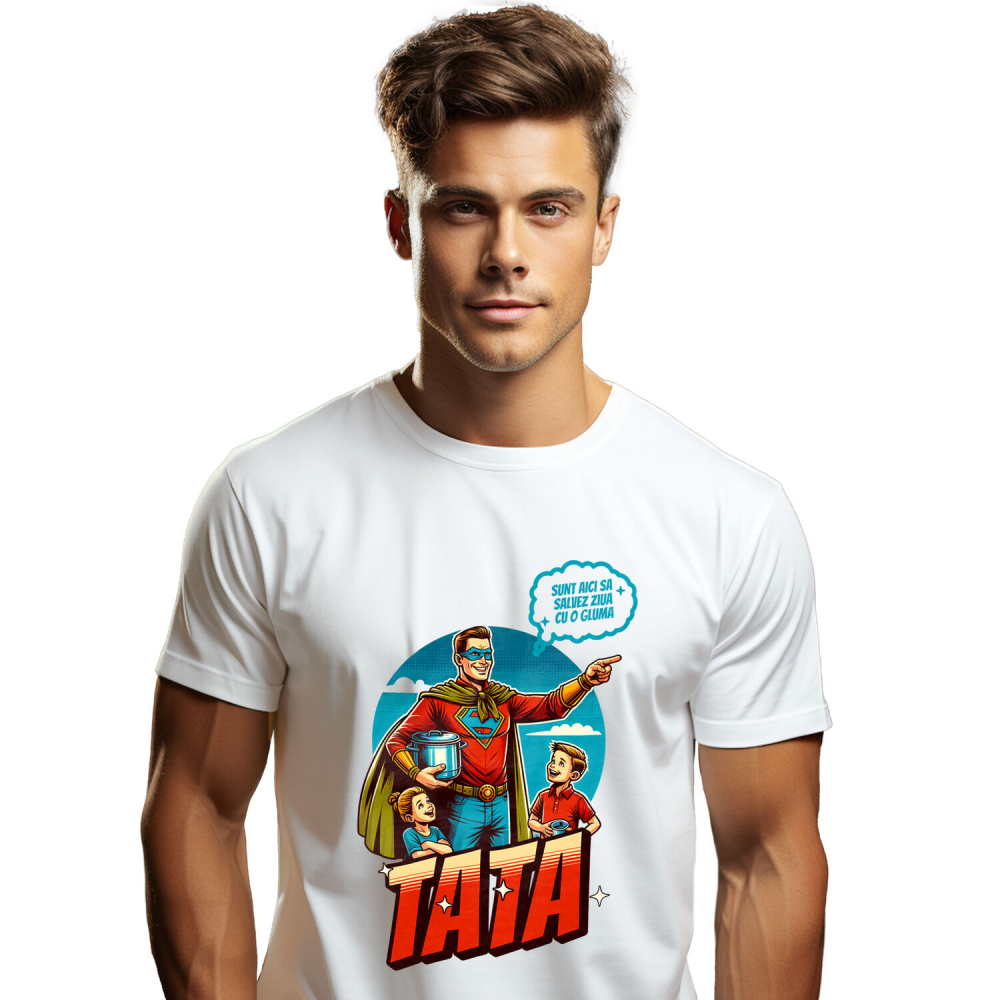 Tricou Femei, Barbati, Copii, Fata, Baiat, Unisex Personalizat Bărbat În Costum De Super Erou Cu Glumă – Cadou Personalizat „Sunt Aici Ca Să Salvez Ziua Cu O Glumă Tata” [1]