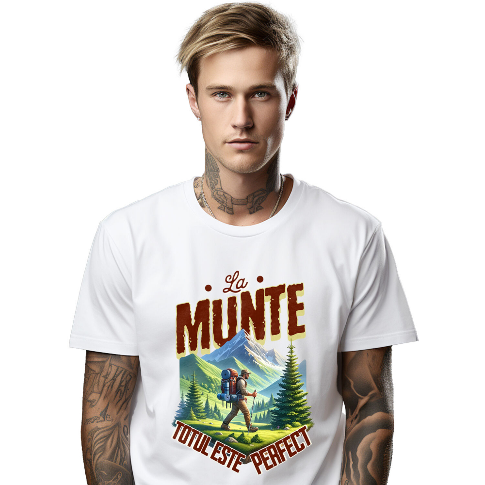 Tricou Femei, Barbati, Copii, Fata, Baiat, Unisex Personalizat "Barbat Intre Munti Cu Rucsac – Cadou Personalizat cu Mesajul ‘La Munte Totul Este Perfect’ pentru Iubitorii de Natură" [1]