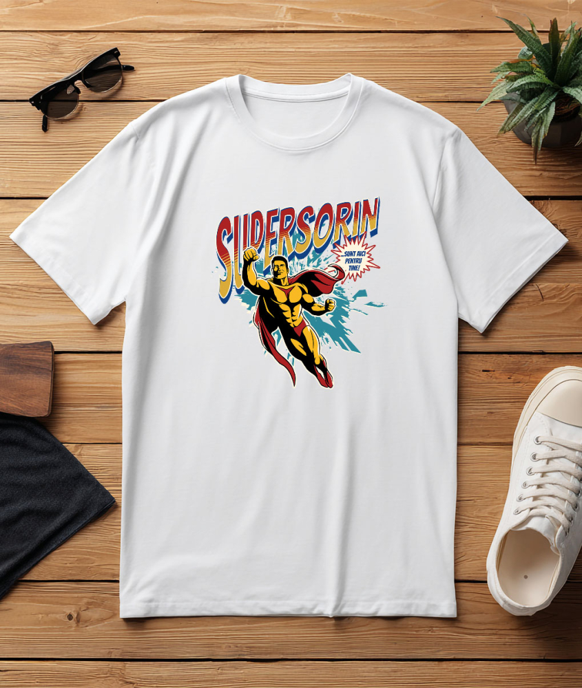 Tricou Femei, Barbati, Copii, Fata, Baiat, Unisex Personalizat Bărbat Puternic În Zbor Super Erou – Cadou Personalizat „Super Sorin Sunt Aici Pentru Tine” [3]