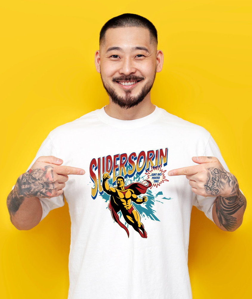 Tricou Femei, Barbati, Copii, Fata, Baiat, Unisex Personalizat Bărbat Puternic În Zbor Super Erou – Cadou Personalizat „Super Sorin Sunt Aici Pentru Tine” [2]