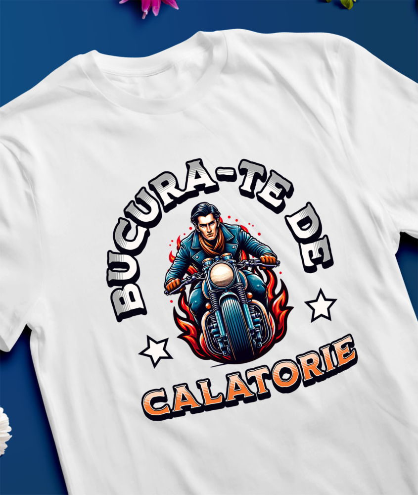Tricou Femei, Barbati, Copii, Fata, Baiat, Unisex Personalizat Bărbat Tânăr Pe Motocicletă – Aventură, Stil și Libertate [3]