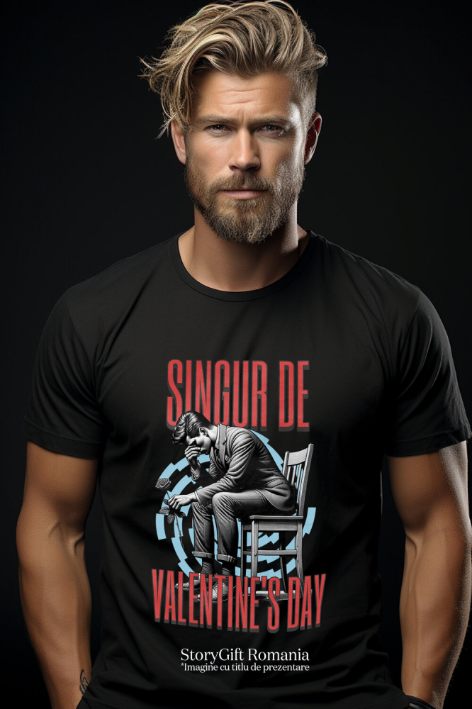 Tricou Femei, Barbati, Copii, Fata, Baiat, Unisex Personalizat Bărbat Trist pe Scaun „Singur de Valentine's Day” – Cadou Personalizat pentru Dragoste și Iubire Pierdută [2]